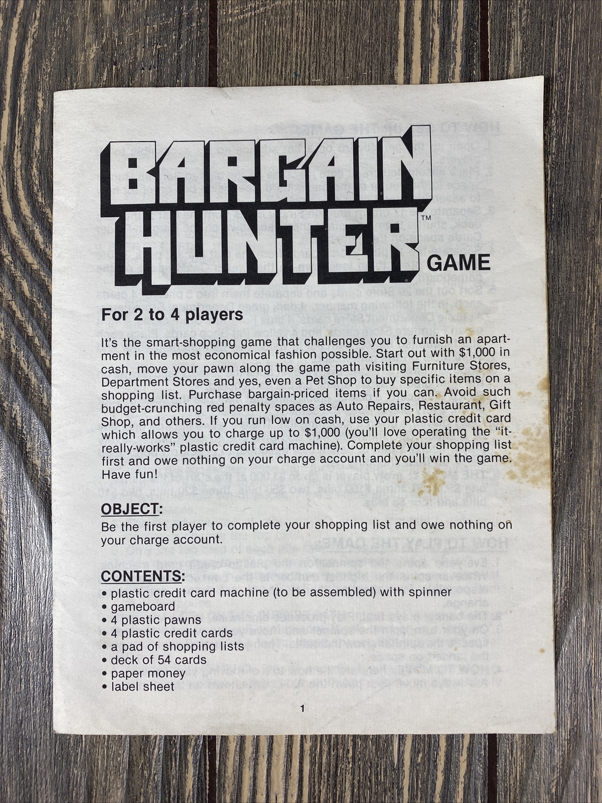 Vintage 1981 Bargain Hunter Replacement Piece Part Instructions