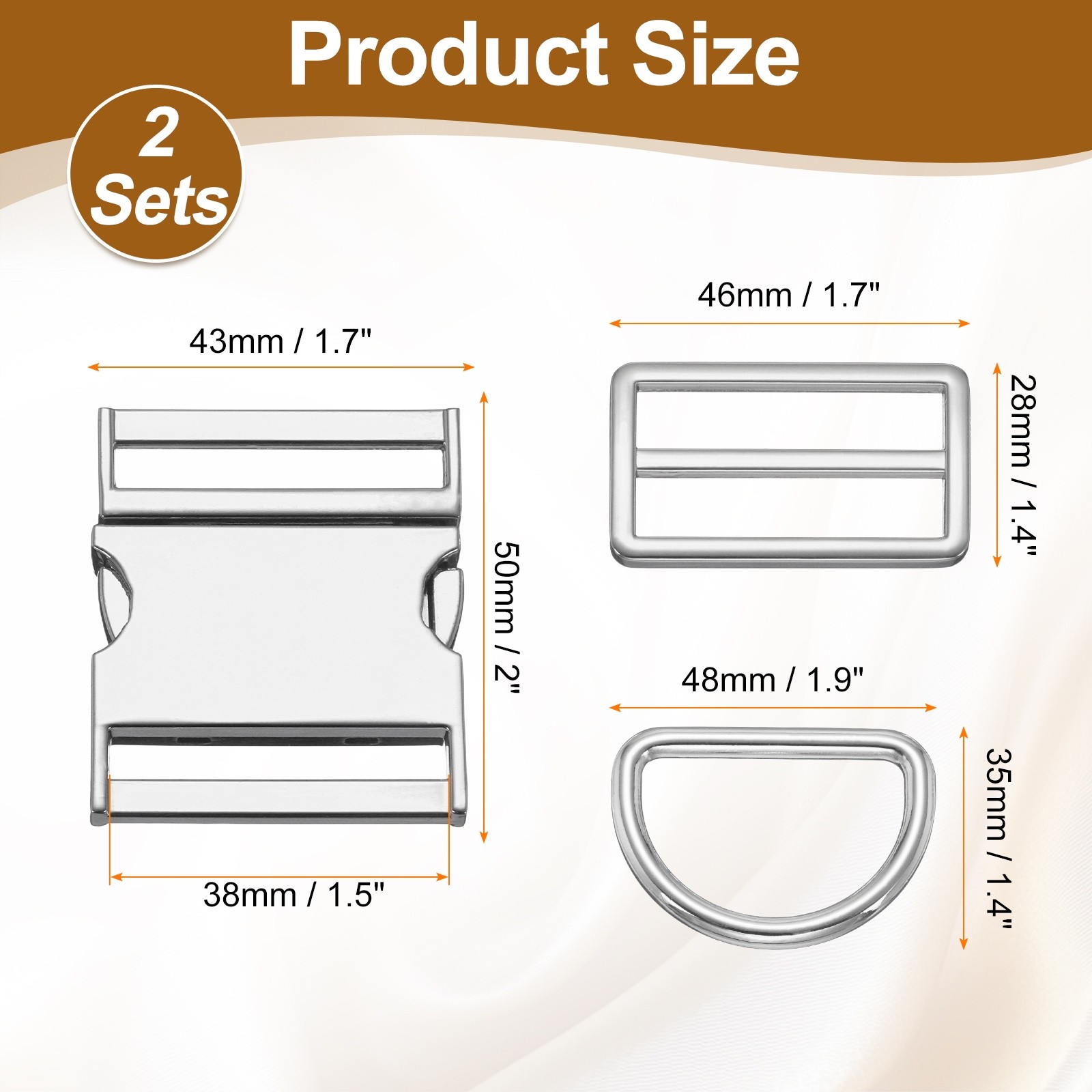 2Set Metal Side Release Buckles 1.5" with Tri-Glide Sliders D Rings Silver