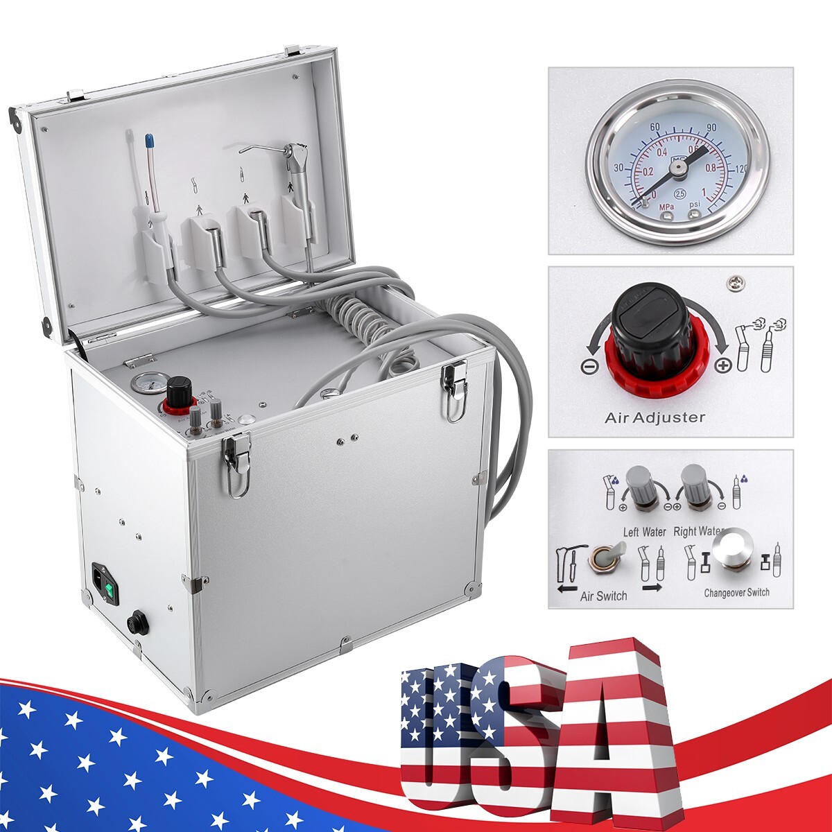 Portable Mobile Dental Delivery Unit Air Compressor Syringe Suction 4Holes