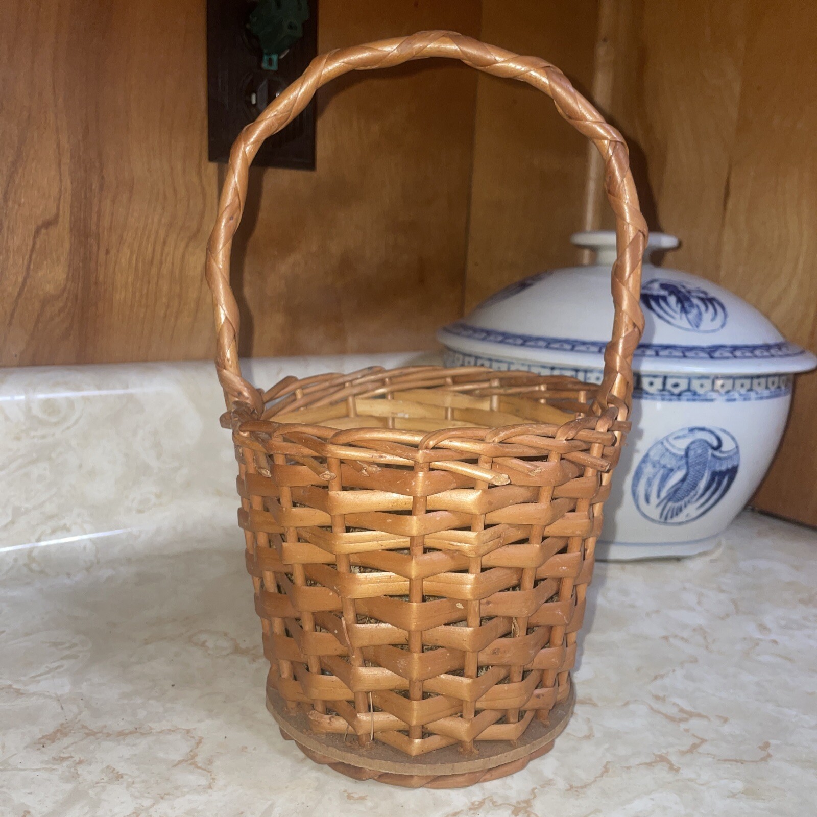 Stunning Handled 5” Round Woven Basket, 9.5” Tall