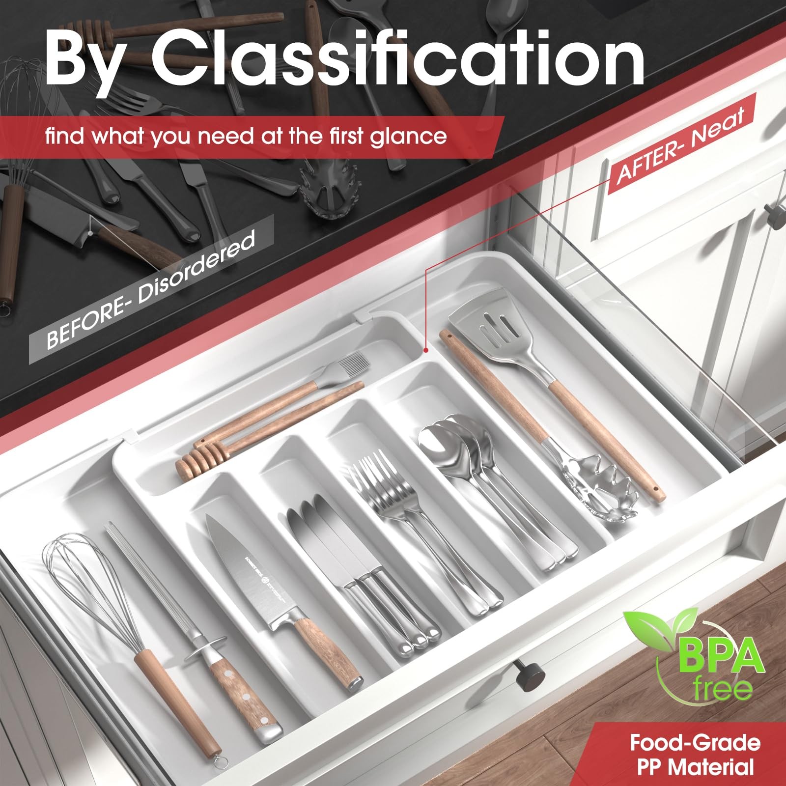 Aujen Silverware Organizer - Expandable Kitchen Drawer Medium, White