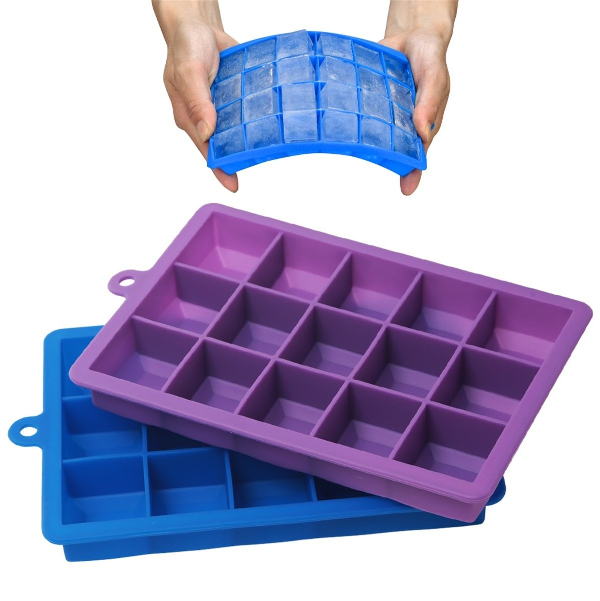 2 Pack 15 Cavities Silicone Ice Cube Trays with Lids for Coffee Beverages