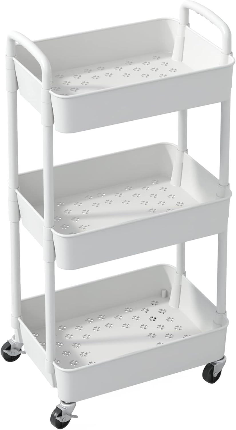 3 Tier Plastic Rolling Utility Cart With Handle Multi Functional Storage Trolley