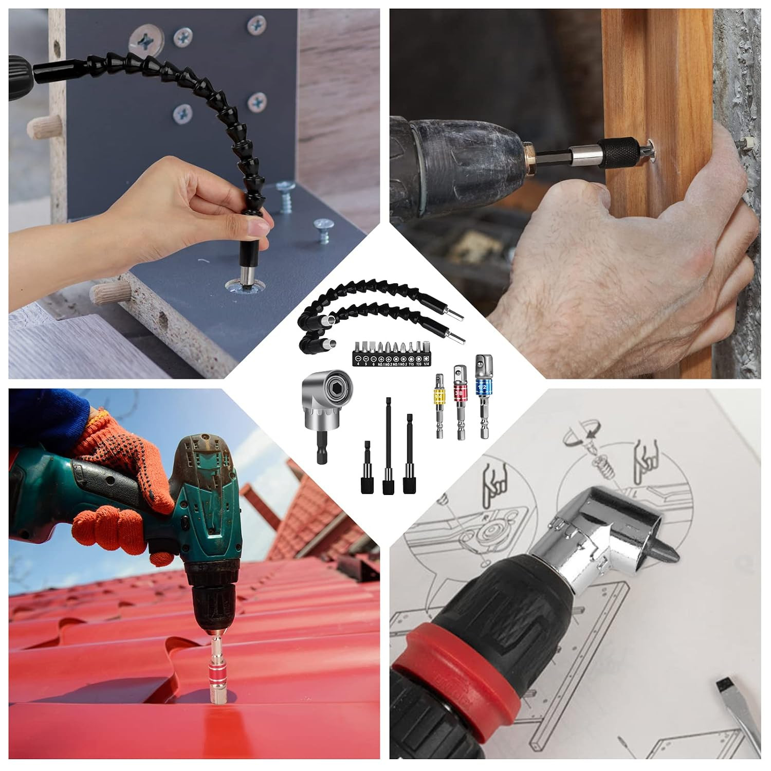 Flexible Drill Bit Extension Set 19Pcs, Hex Shank 105°Right Angle Drill Attachme