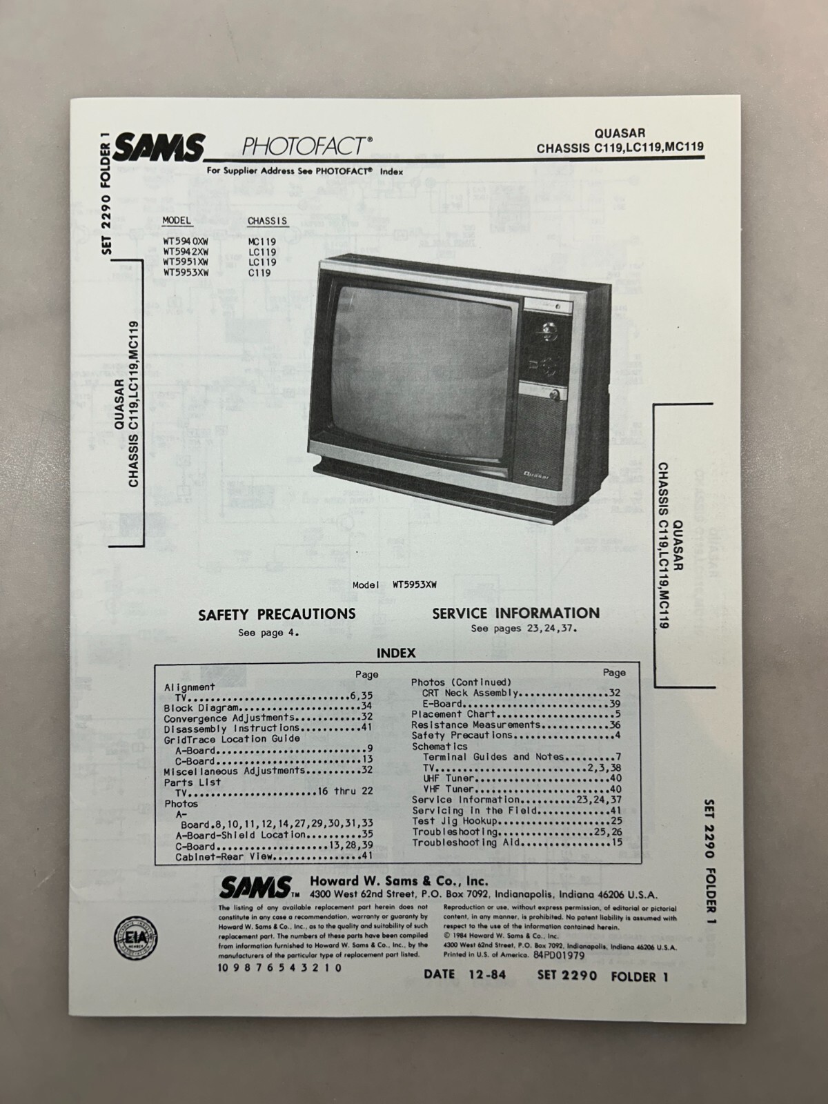 Quasar C119 LC119 MC119 Service Manual Sams Photofact Free Shipping