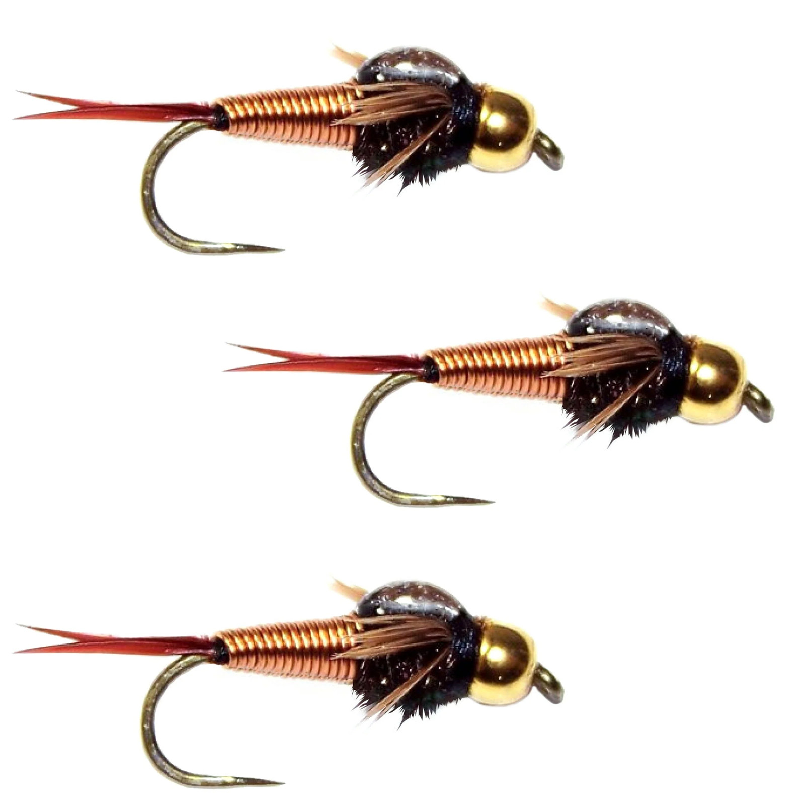 3 Pack Barbless Bead Head Copper John Nymph Fly Fishing Flies - Hook Size 12