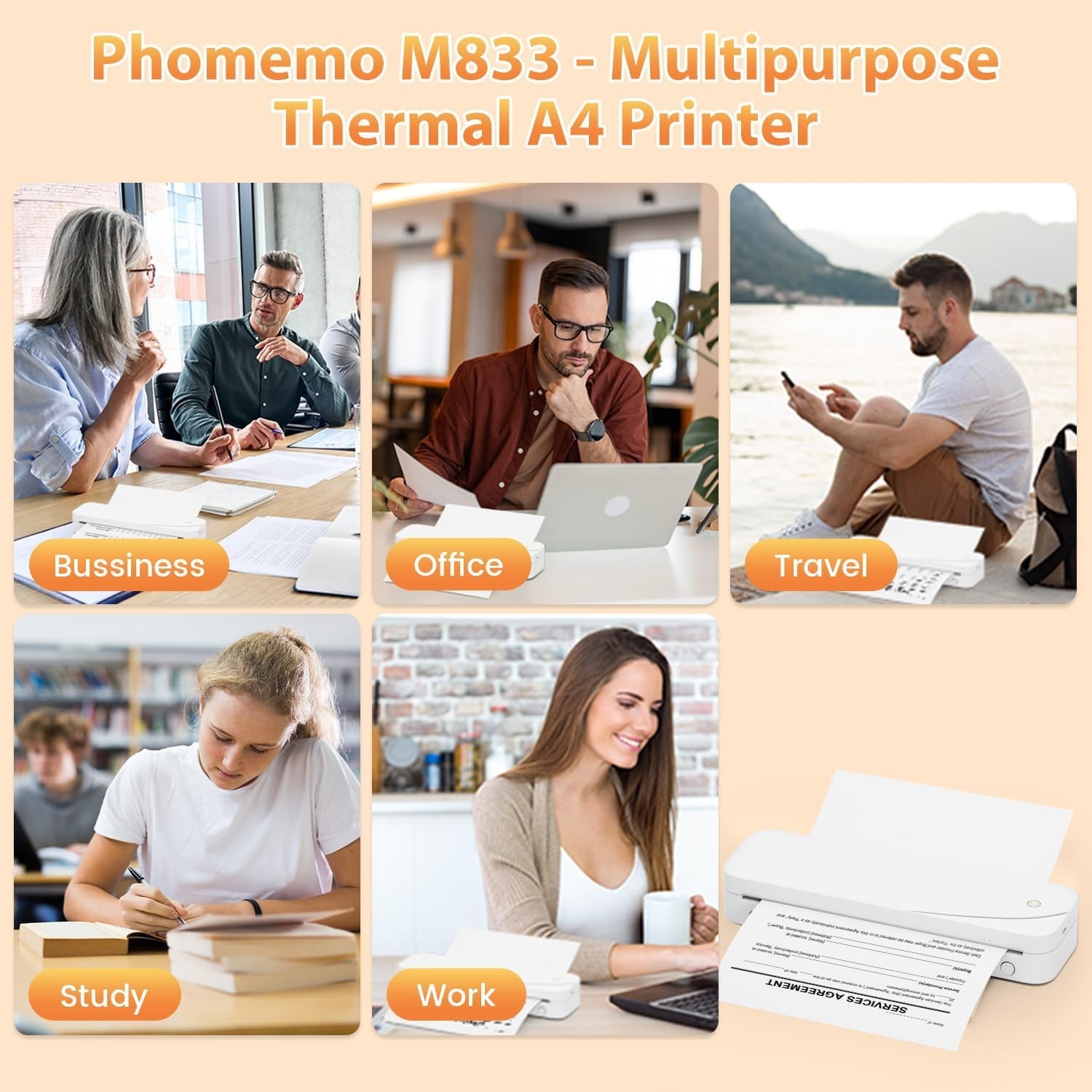 Portable Wireless Bluetooth Thermal Printer, 300DPI Inkless Travel Printer