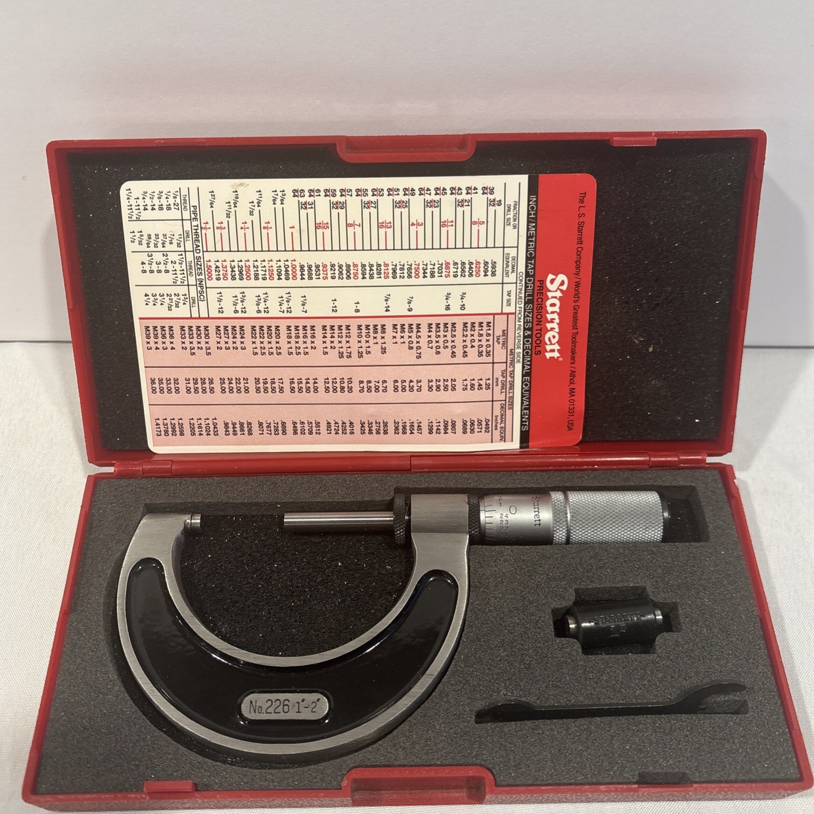 Starrett T226FL-2 Outside Micrometer, 1-2", Machinist Tool