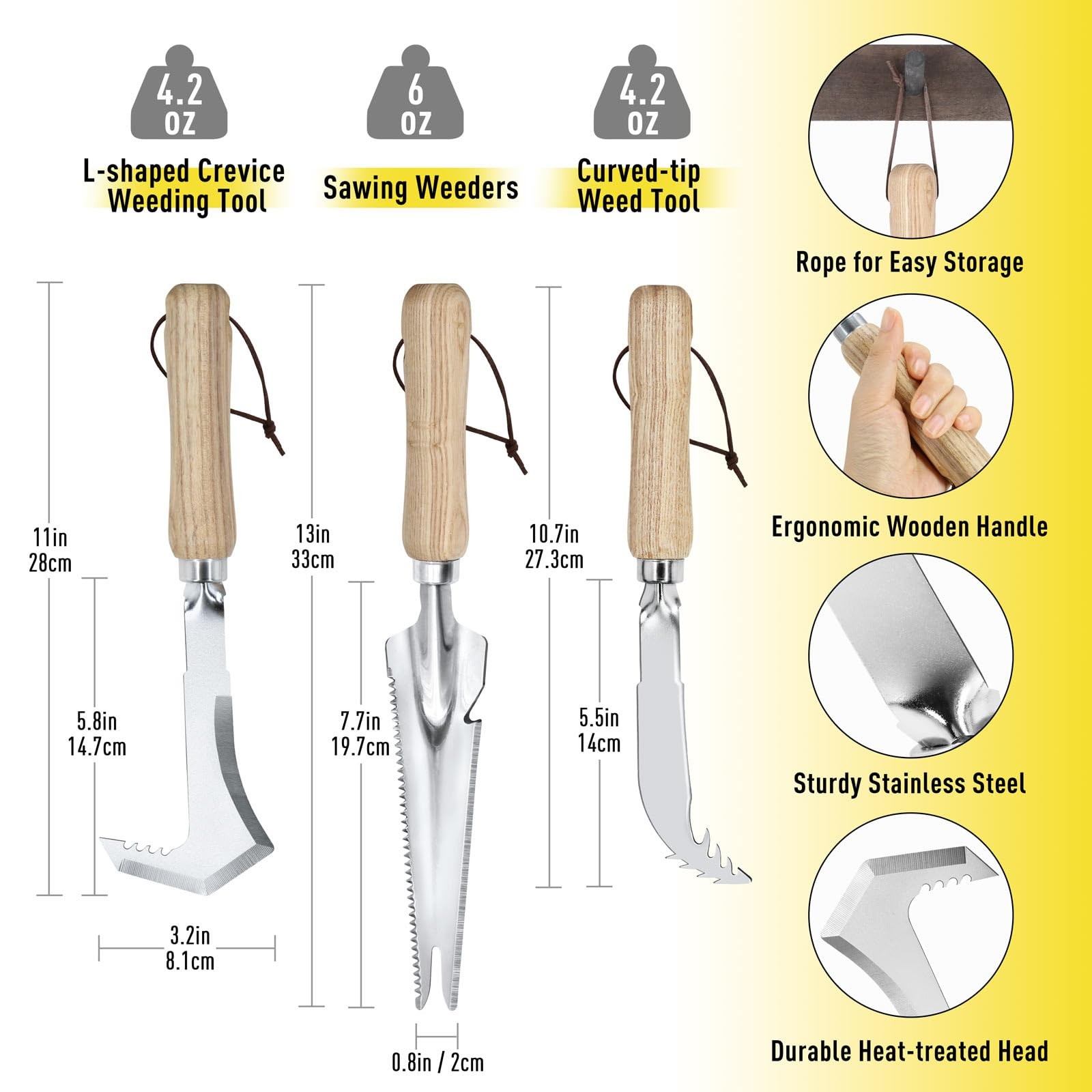 Jardineer Weed Puller Tools Set, 3 Pack Hand Crack Weeder, Stainless wooden