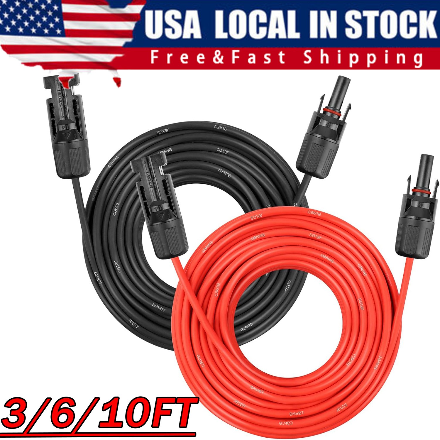Black+Red 10 AWG Solar Panel Extension Cable Silicone Flexible Wire Connectors