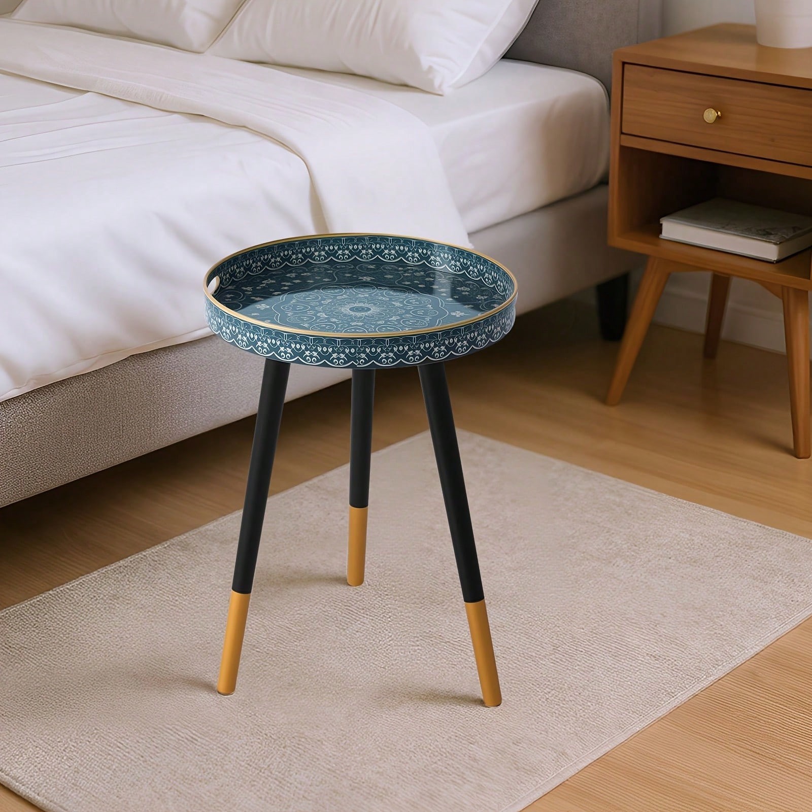 15-Inch Bohemian Round Side Table Plastic Frame Triangle Legs Dark Green