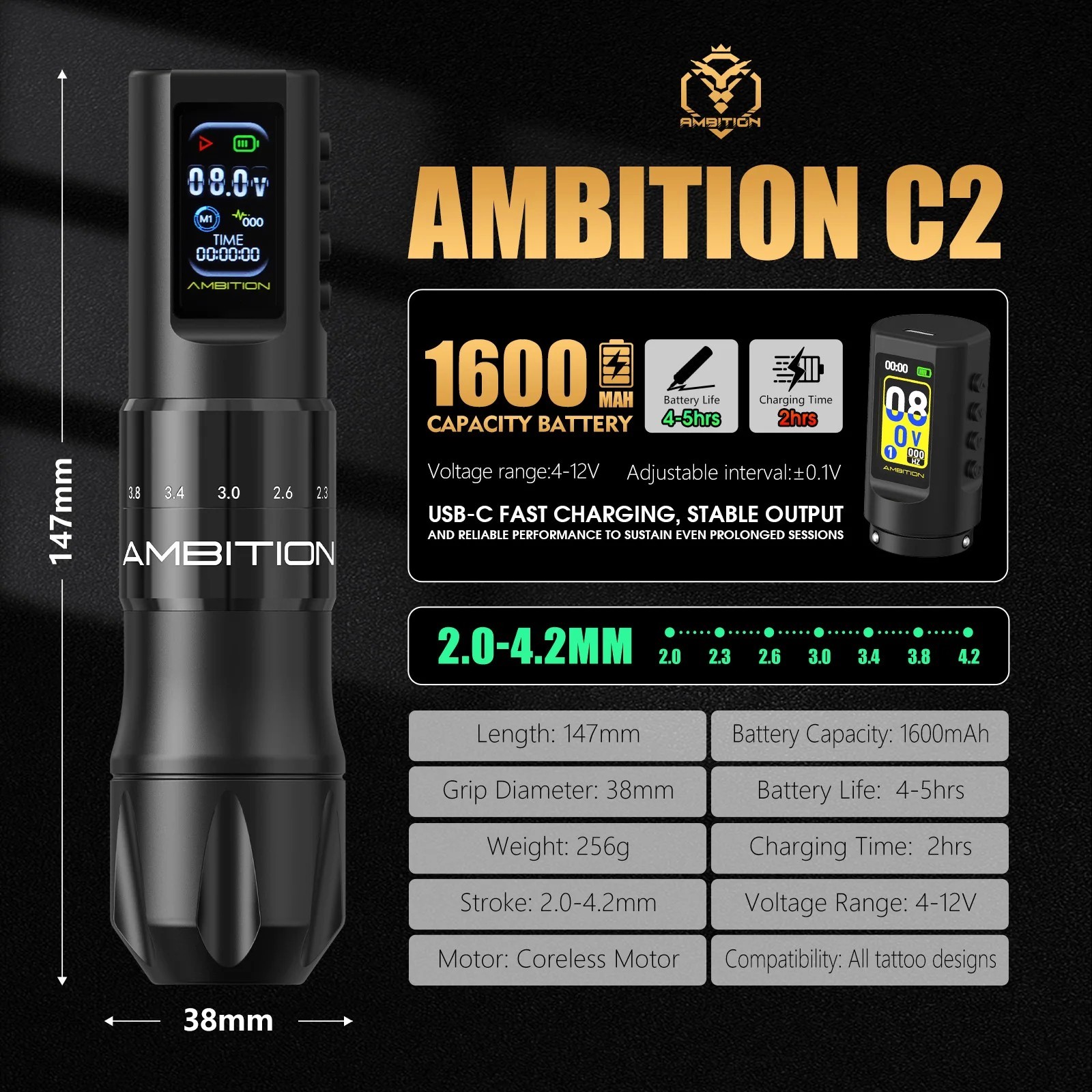 Wireless Tattoo Machine Pen 7 Adjustable Stroke Coreless Motor 1600mAh Full Kit