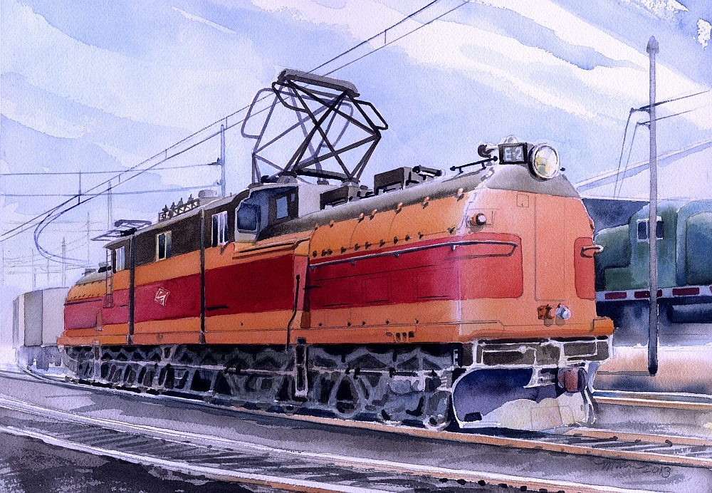 Milwaukee Road GE E-2 Locomotive, St. Louis, MO. Railroad Art Notecards 5x7"
