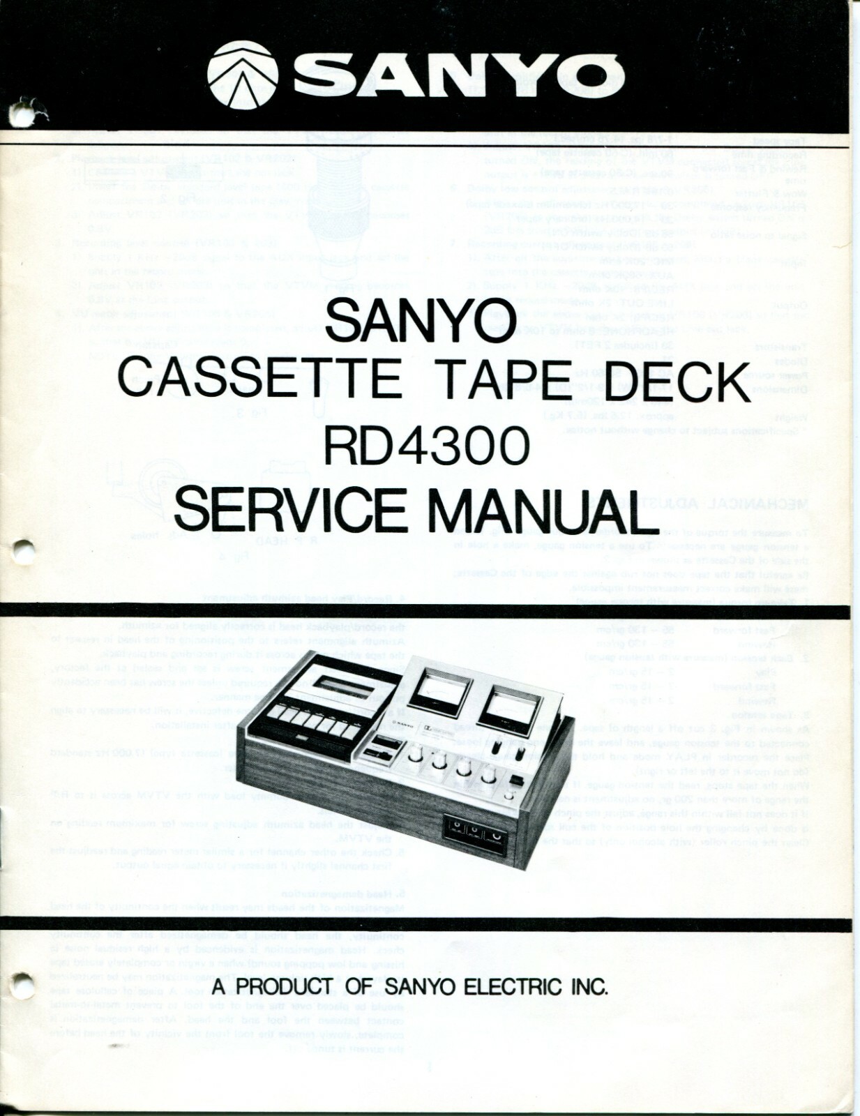 Vintage Sanyo Model RD-4300 Cassette Tape Deck Service Manual