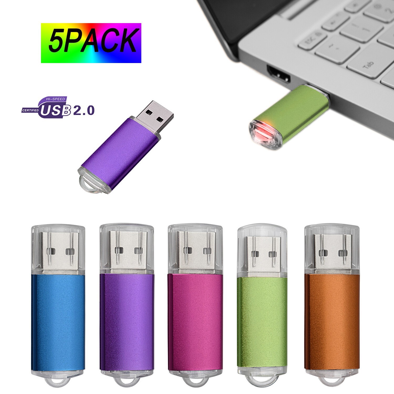 5 Pack USB2.0 Flash Drive Rectangle 1GB-32GB Blank Data Memory Stick Mixed Color