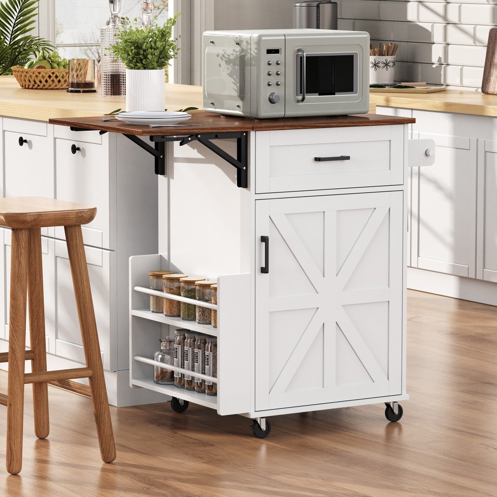 39.3" Farmhouse Kitchen Island with Drop Leaf, Kitchen Storage Island