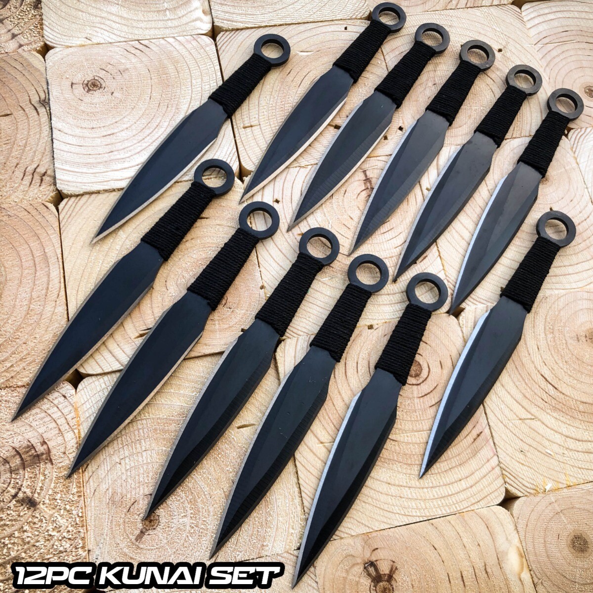 12 PCS 6.75" Black Ninja Throwing Fixed Blade Knife Kunai Ninjutsu Knives