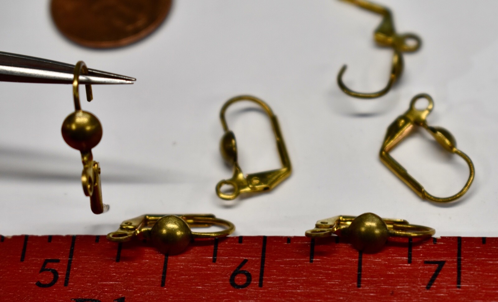 VINTAGE 3 PAIRS BRASS PIERCED EARRING LEVER BACK EAR WIRE WITH KNOB AND RING ZZK