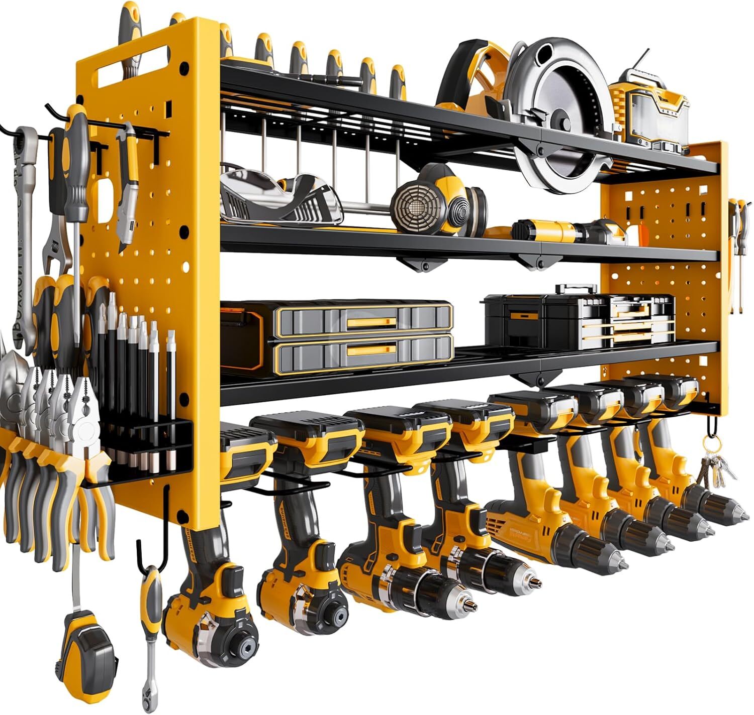 Wall Mounted Power Tool Organizer,4-Tier Tool Rack with 8 Drill Holders (Yellow)