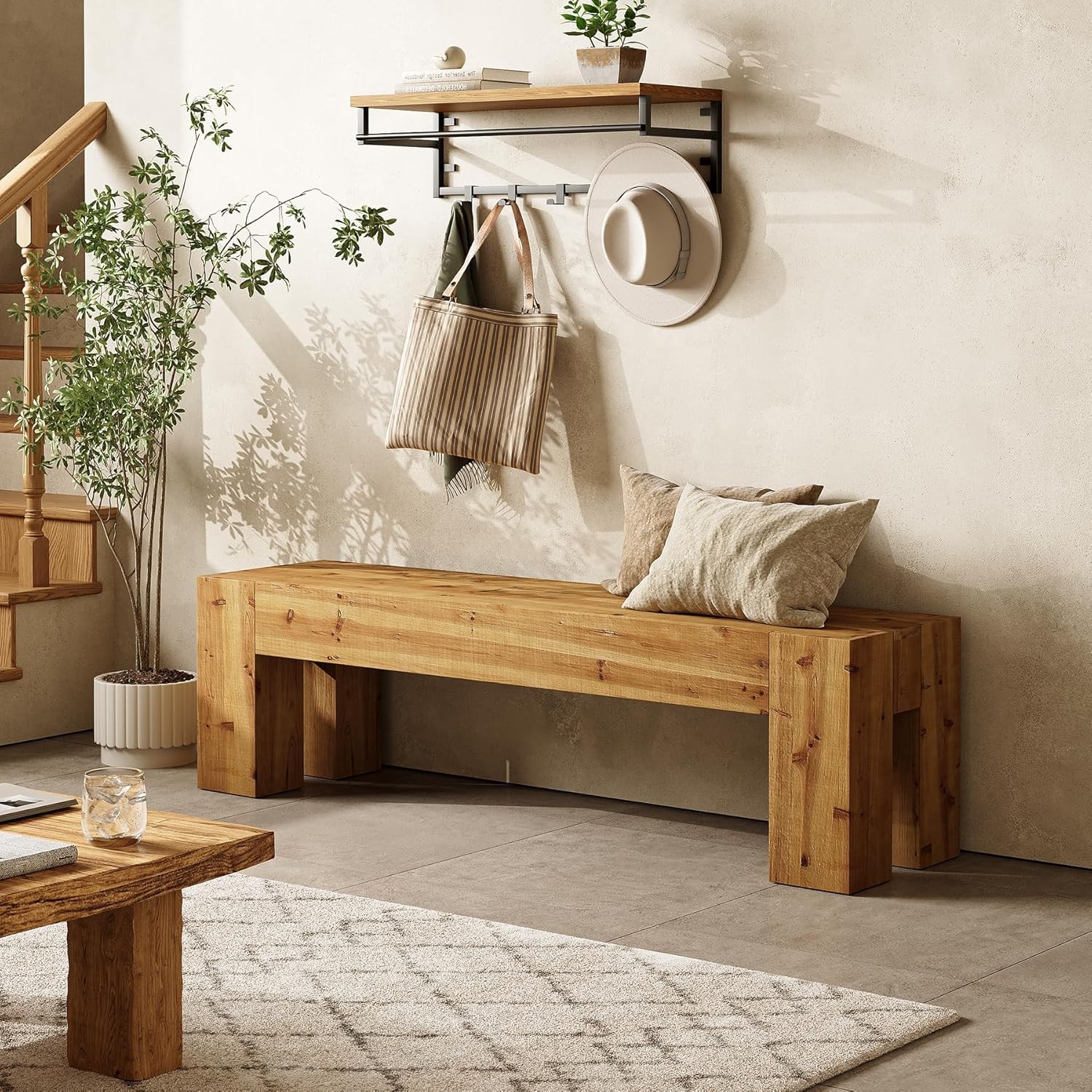 63-Inch Solid Wood Bench, Rustic Extra Long Entryway Bench with Heavy Duty Legs