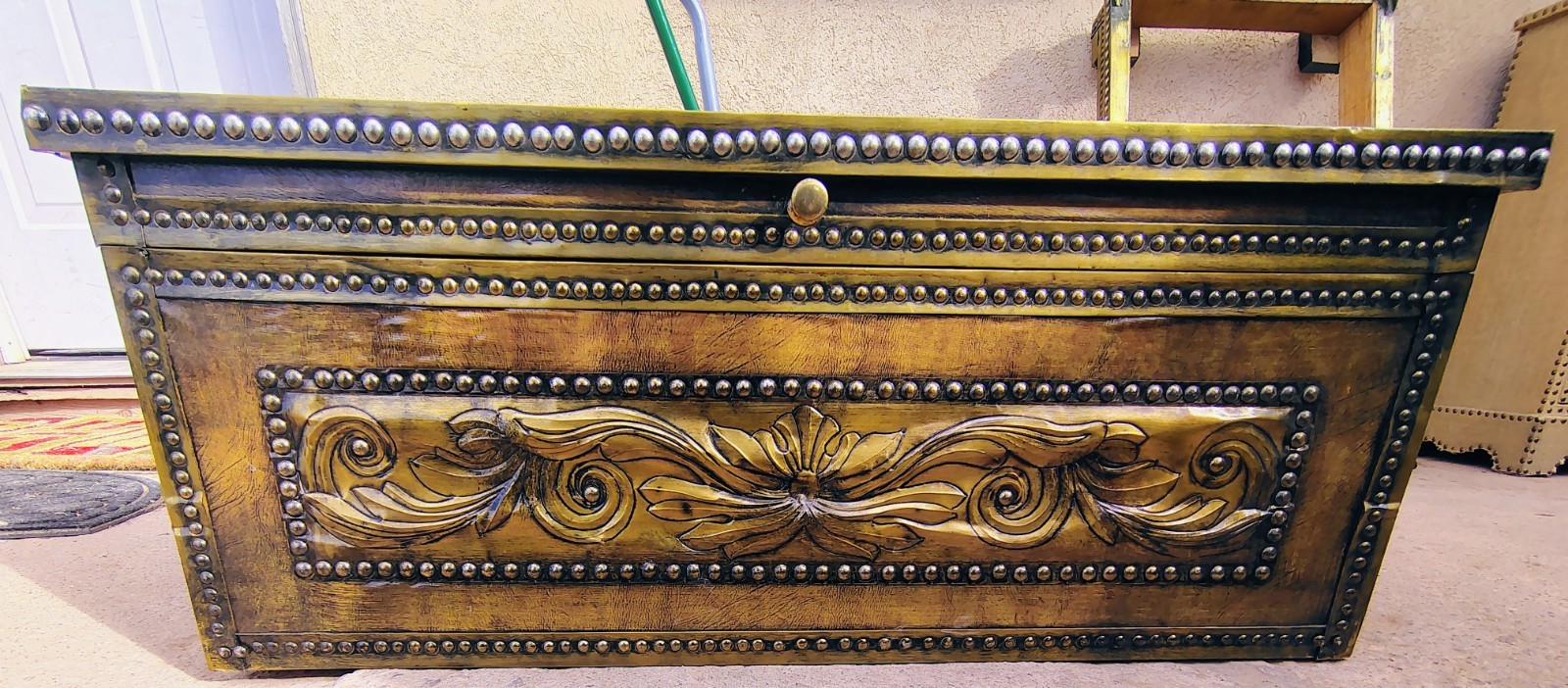 18th century Antique Vintage Gold Brown Floral Embossed Copper Wood Trunk Chest