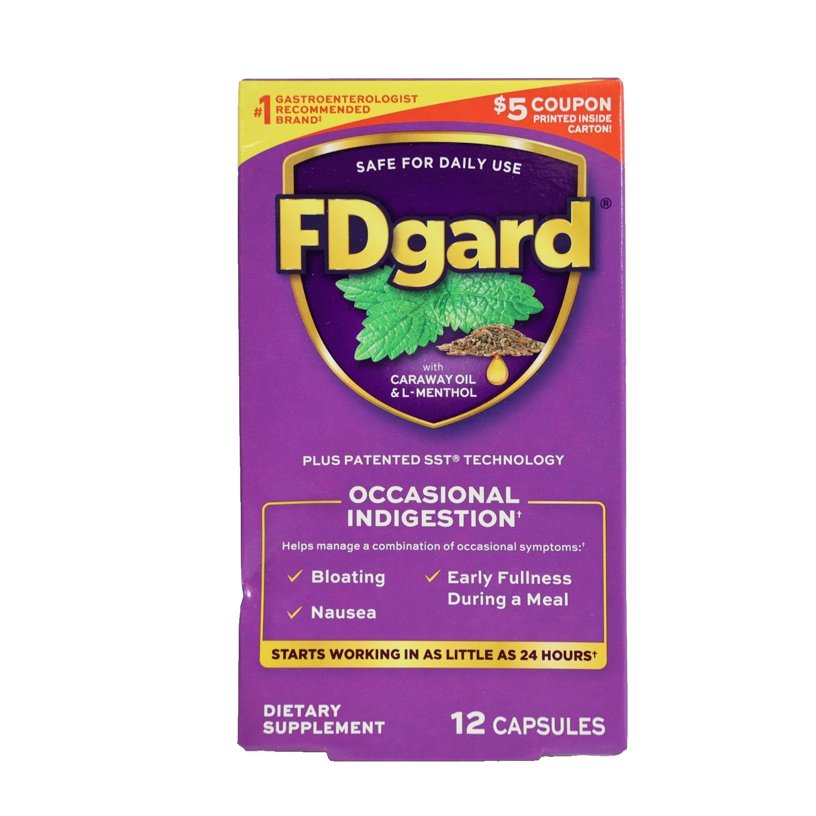FDgard Occasional Indigestion Capsules, Digestive Support, 12 Count EXP 02/2027