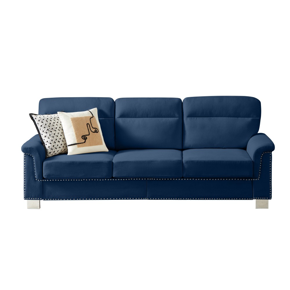 82" Blue Snowfleece Fabric 3-Seater Sofa w/ Rolled Arms for Living Room