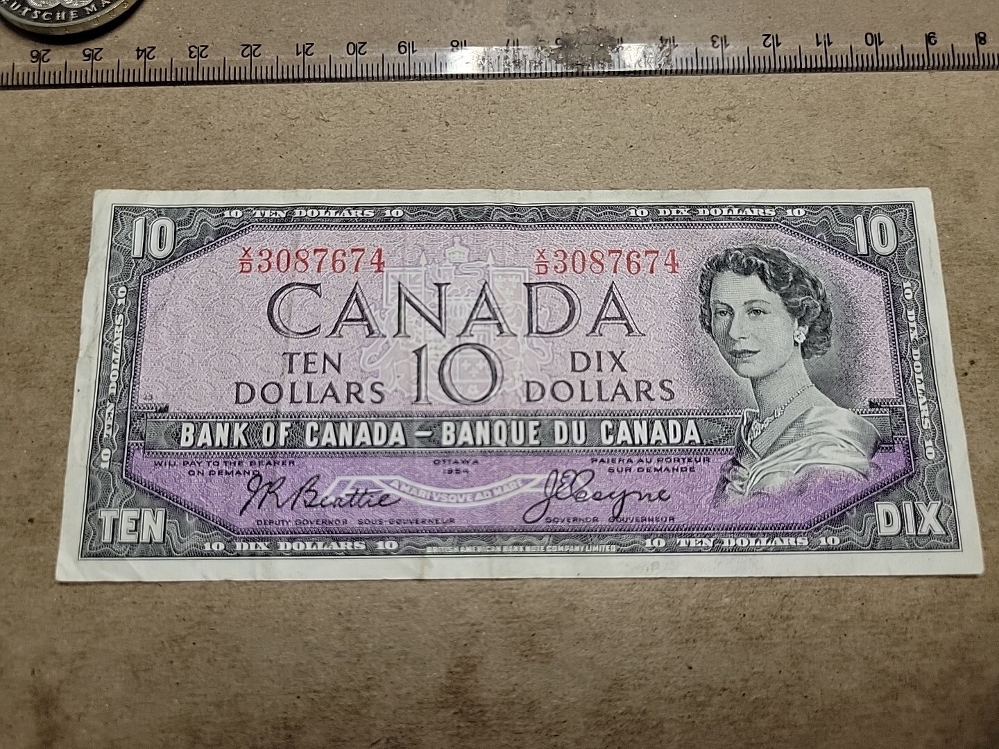 🇨🇦 Canada 10 dollars 1954 Beattie/ Coyne  P-79a "X/D"  VF banknote 021624-12