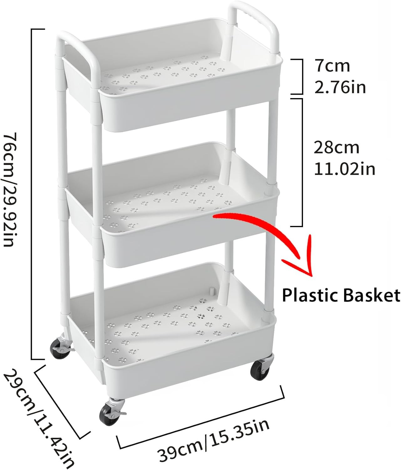 3 Tier Plastic Rolling Utility Cart With Handle Multi Functional Storage Trolley