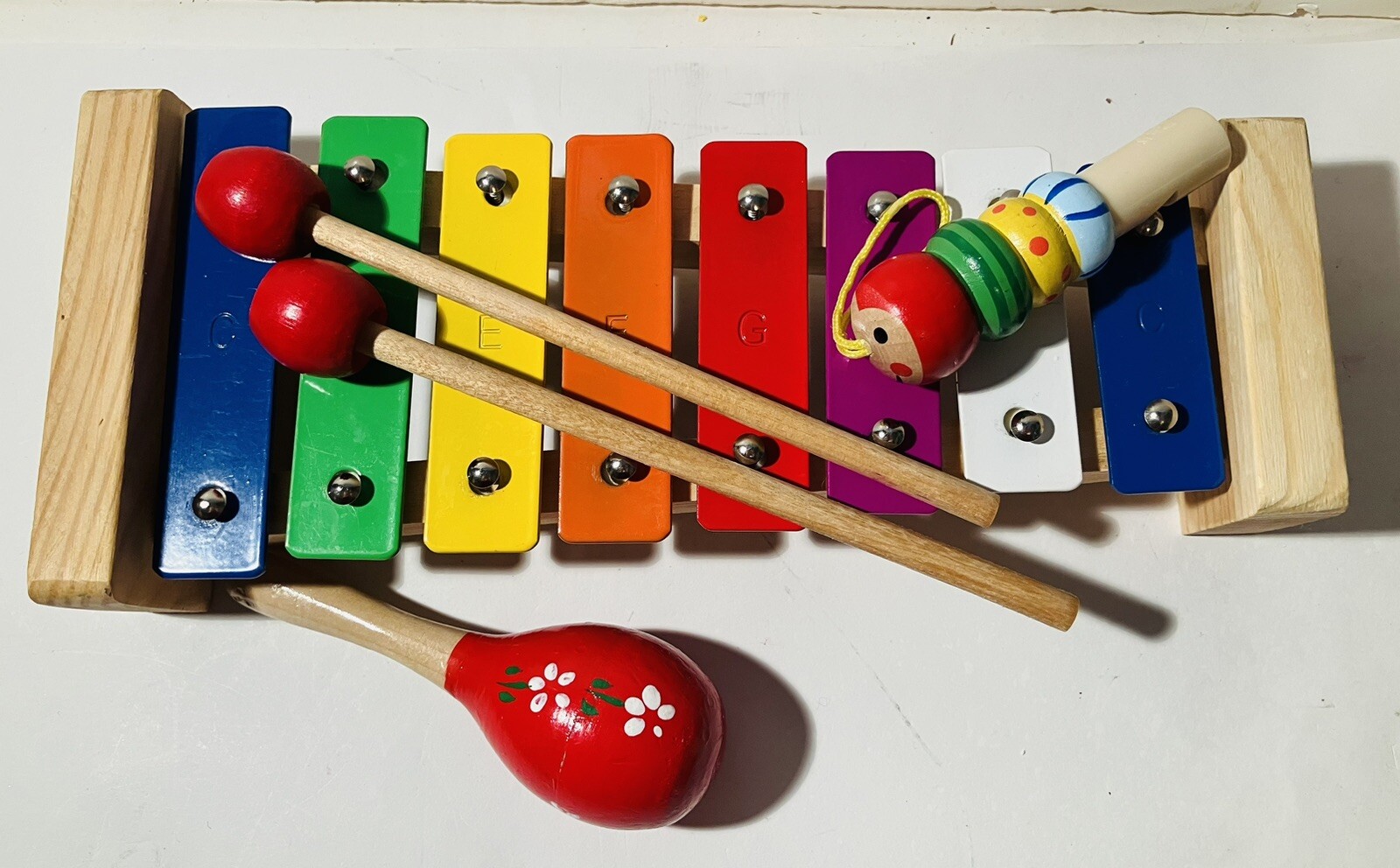 Lot of 3 Orff Band Toddler Music Instruments Wooden Xylophone & Maraca & Whistle