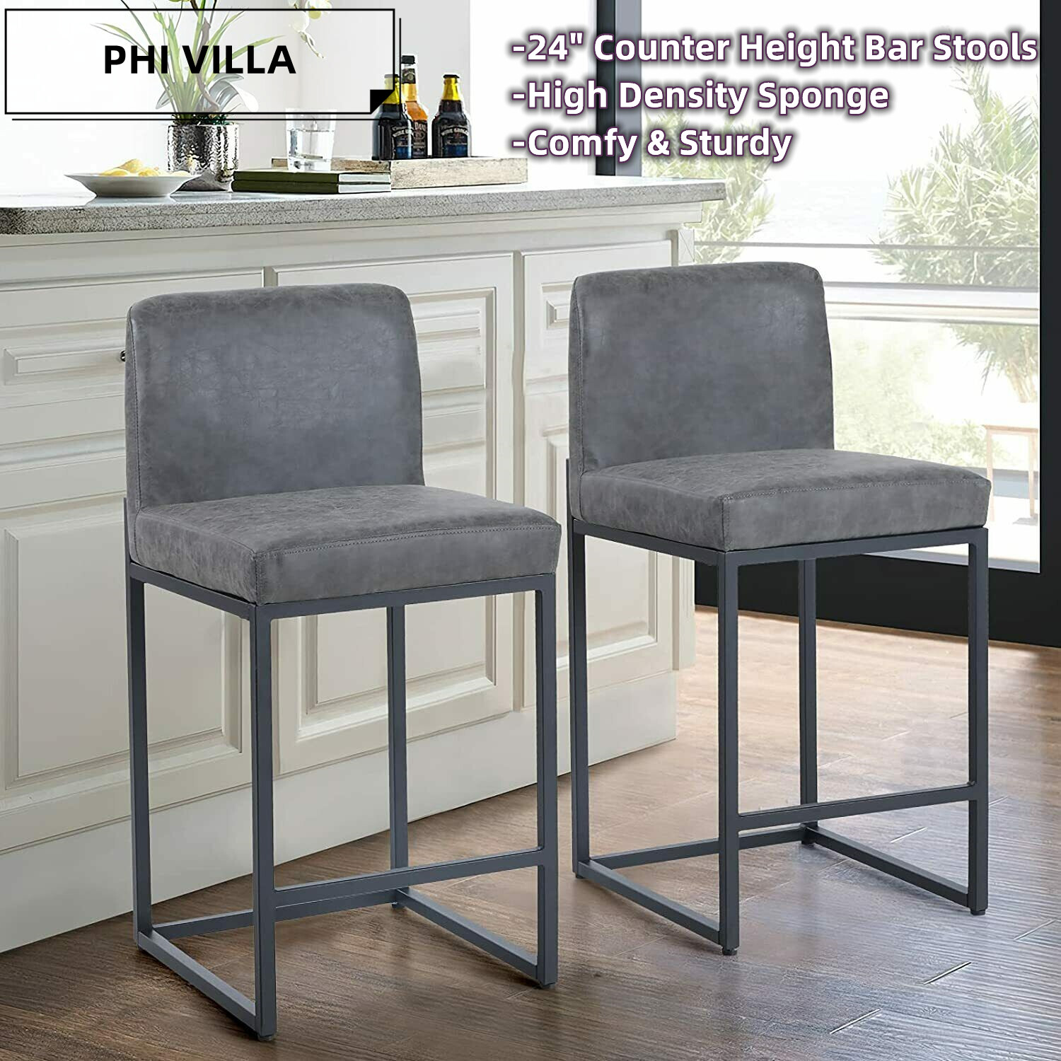 24'' Bar Stools Counter Height Bar Chairs Upholstered Barstools Heavy Duty Gray
