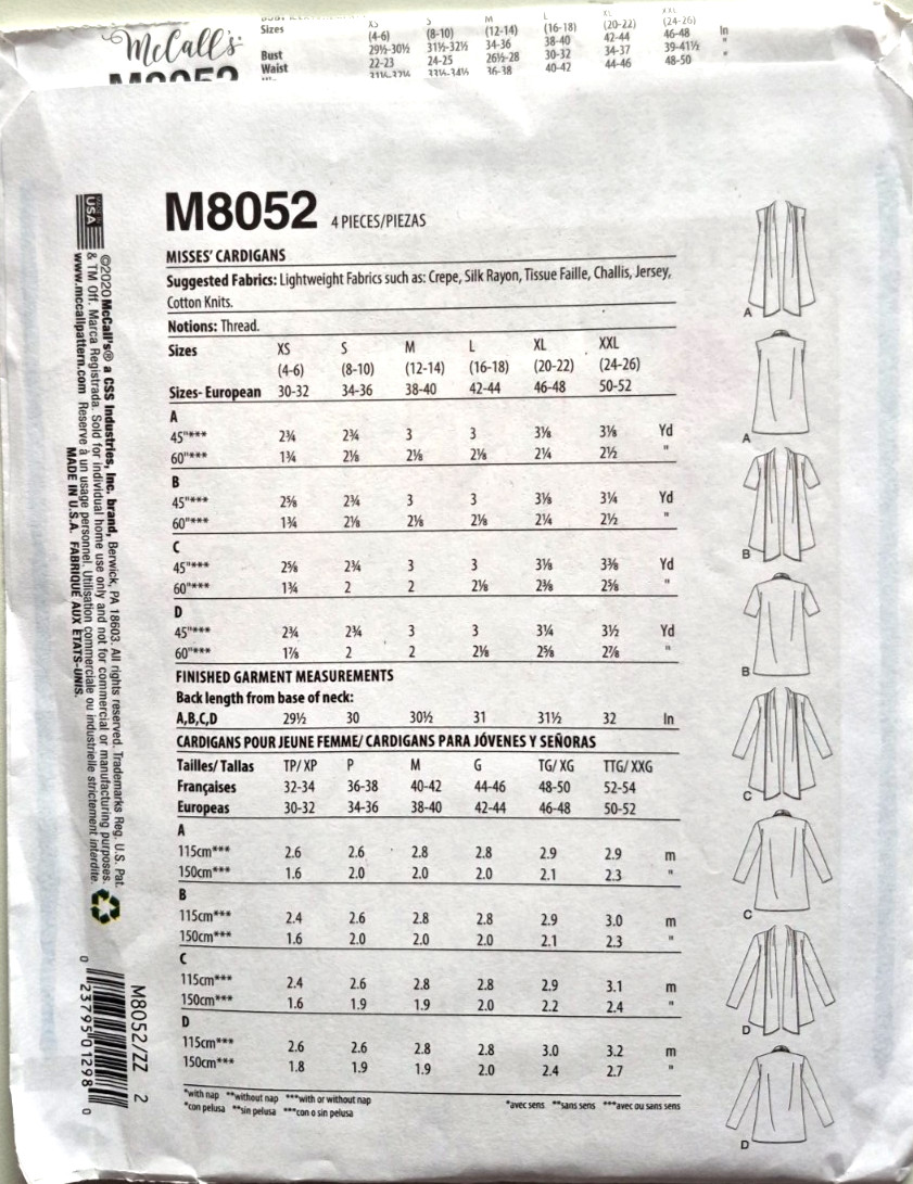 MCCALLS PATTERN 8052 CARDIGANS MISSES SIZES LARGE XLARGE XXLARGE NEW UNCUT FF