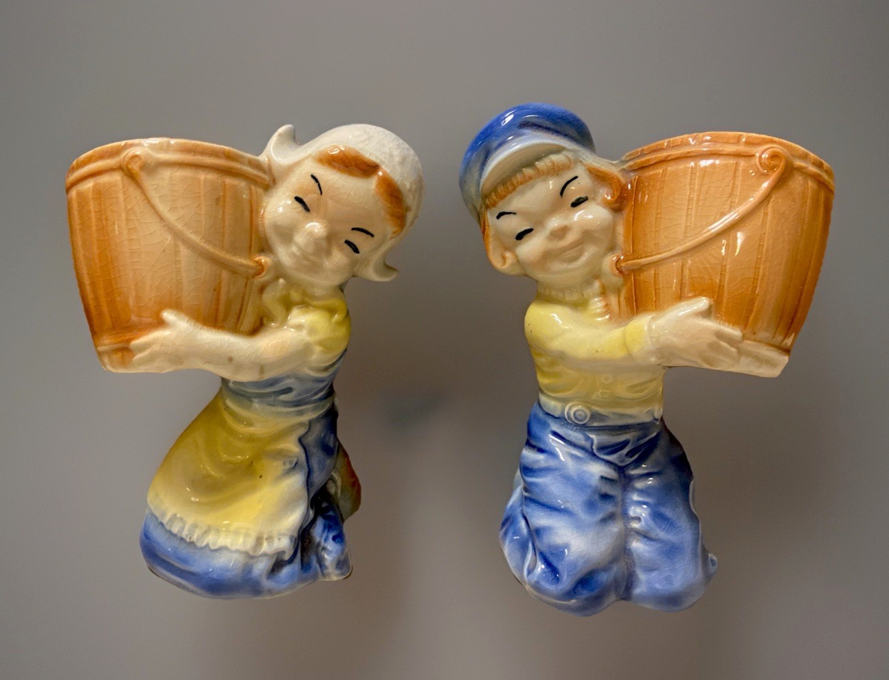 VINTAGE PAIR ROYAL COPLEY PORCELAIN 6” DUTCH BOY & GIRL FIGURINE PLANTERS