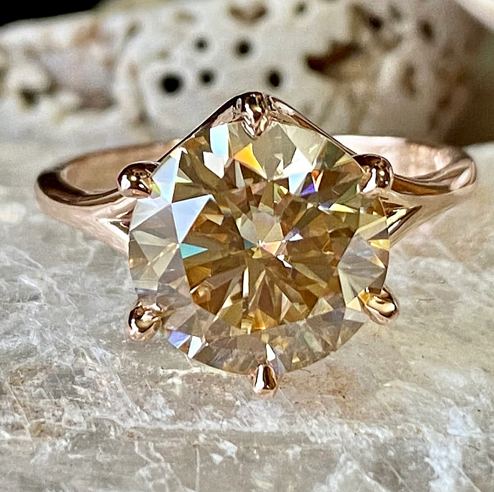 925 Silver, Elegant Champagne Diamond Solitaire Ring, 8.50 Ct Certified Treated