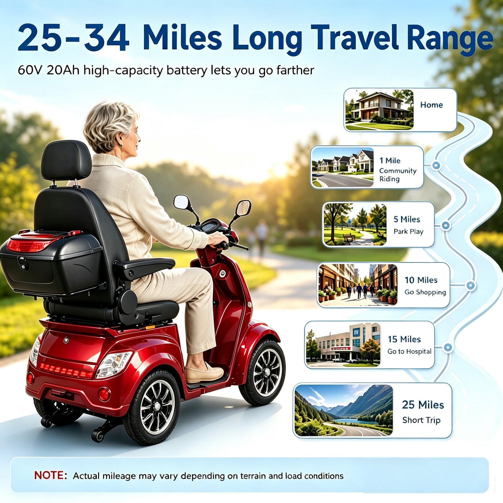 Heavy Duty 1000W 4-Wheel Electric Mobility Scooter 60V 3-Speed 500lbs Load Red