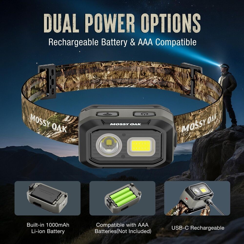 Mossy Oak LED Headlamp Motion Sensor Dual Power Source Head Light 4 Modes