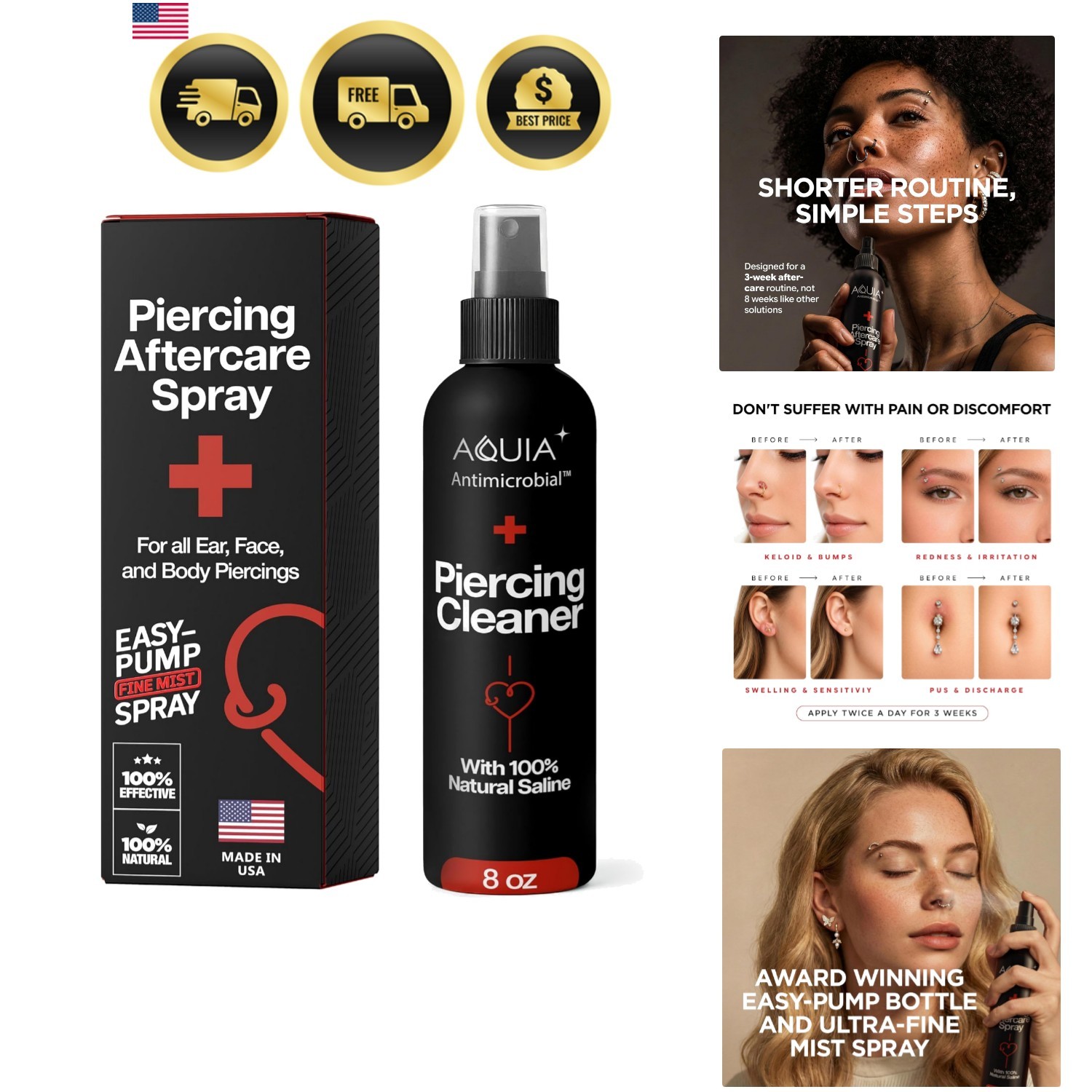 Piercing Aftercare Spray | Ear Piercing Cleaner 8oz | Saline Spray for Pierci...