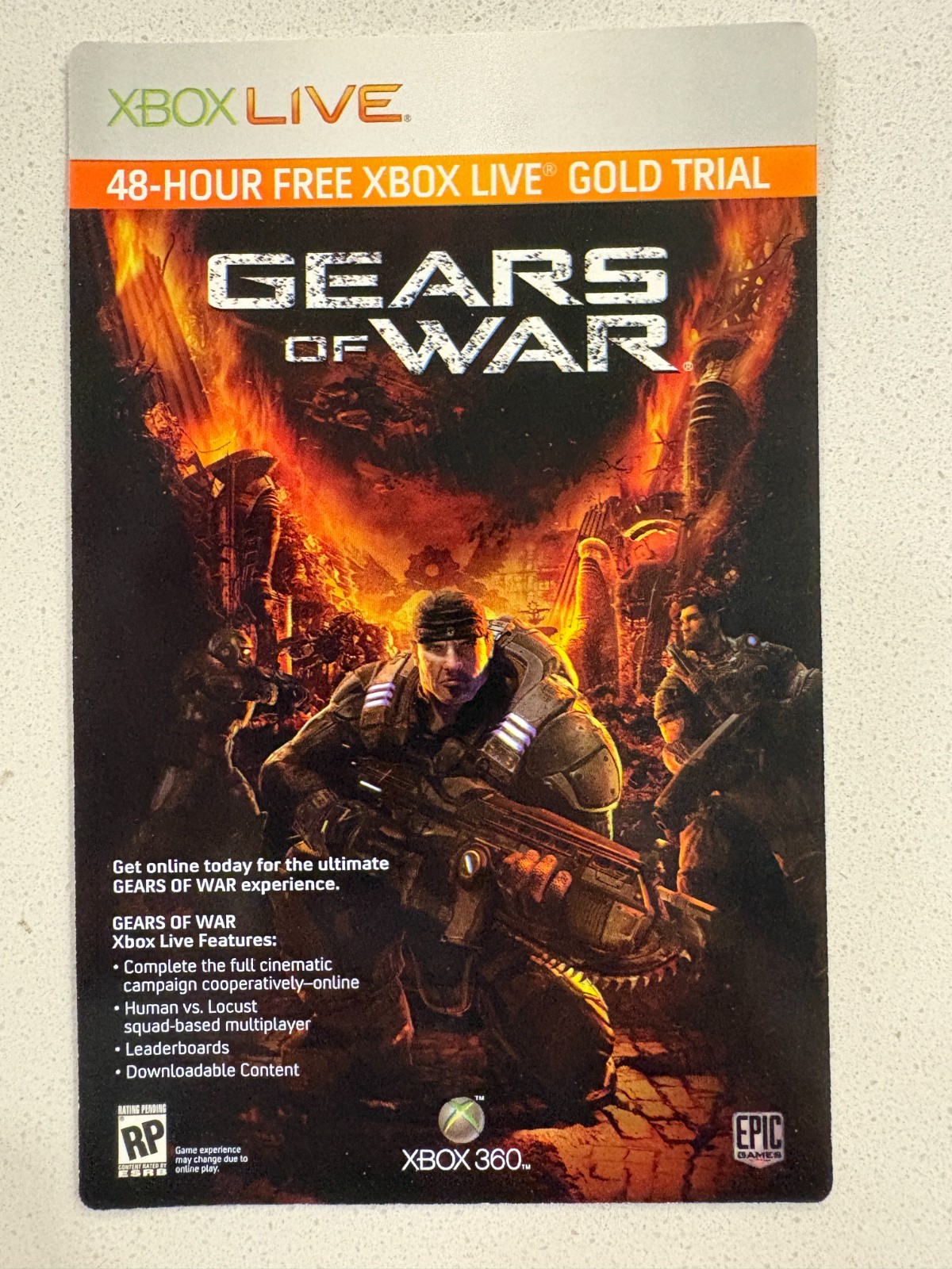 XBOX 360 LIVE 2 DAY GOLD PASS GEARS WAR - EXPIRED CARD - FOR COLLECTORS ONLY