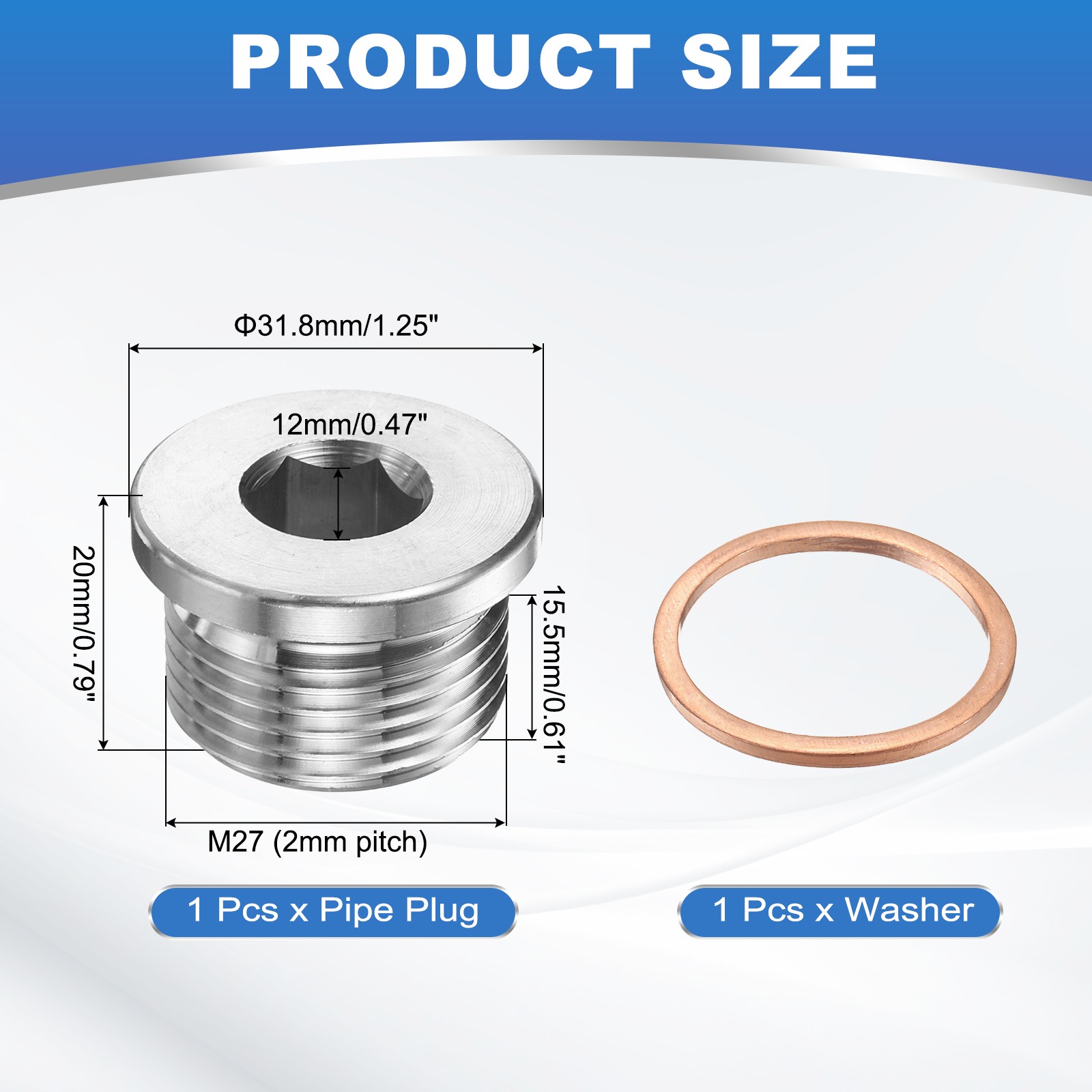 M27 x 2 Pipe Plug Fitting, Internal Hex Head Socket 304 Stainless Steel