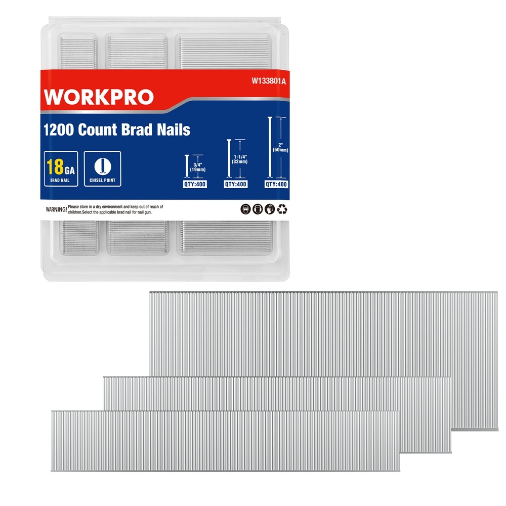 WORKPRO 18 Gauge Brad Nail 3/4 1-1/4" 2" Universal Brad Nail Gun Nail 1200 Count