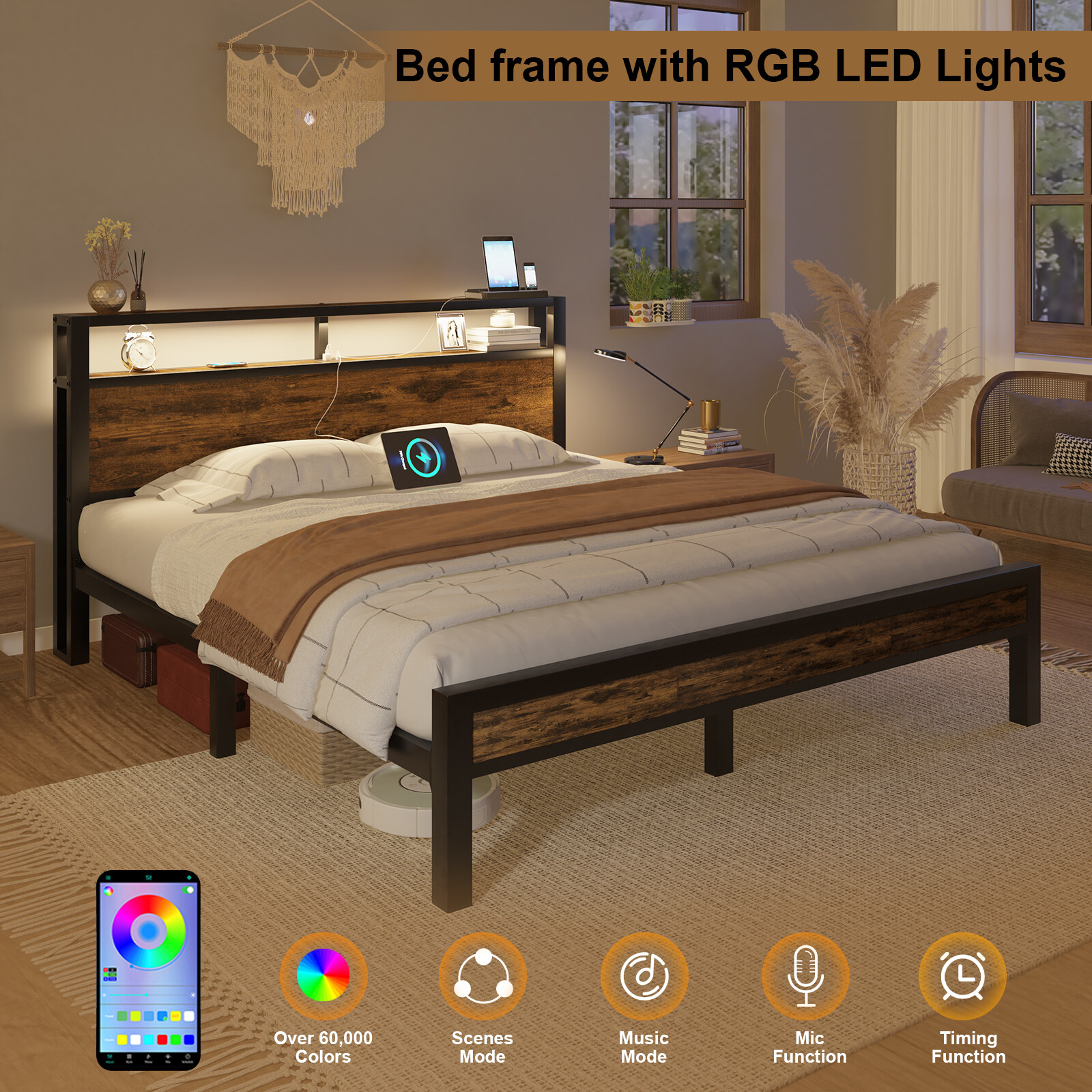 Bed Fame Full/Queen/King with Wooden Storage Headboard and Charging Station