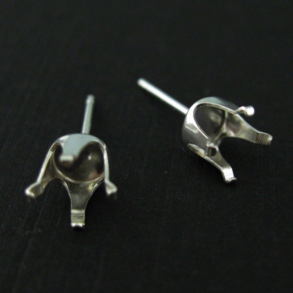 Sterling Silver Earring Post Findings - Faceted Stone Setting (3 pairs )
