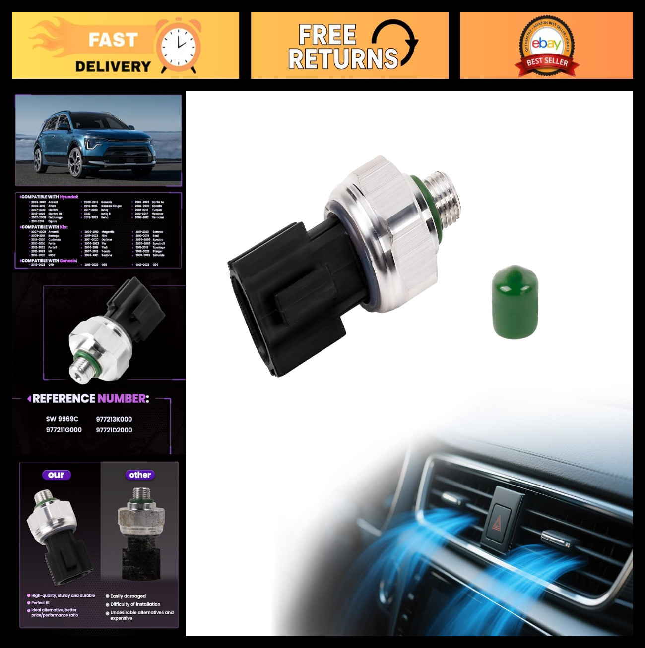 A/C Pressure Switch Compatible with Hyundai Kia Sonata Santa Fe Accent Elantra H