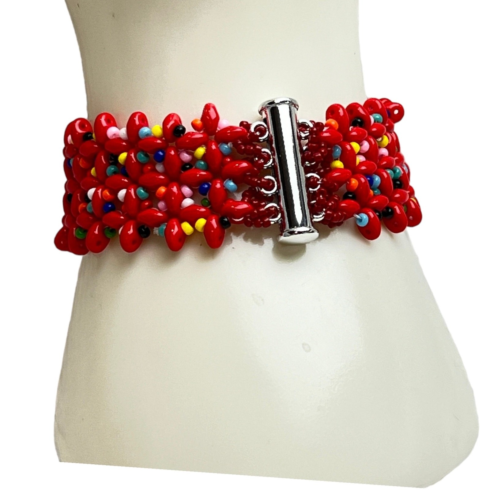 HANDMADE. Red ‘Confetti’ Woven Bracelet 7”