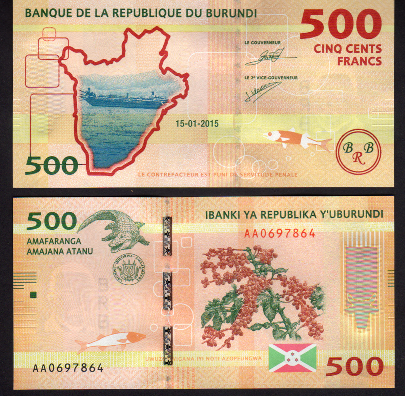 Burundi 500 Francs 2015, Pick 50 Mint Unc