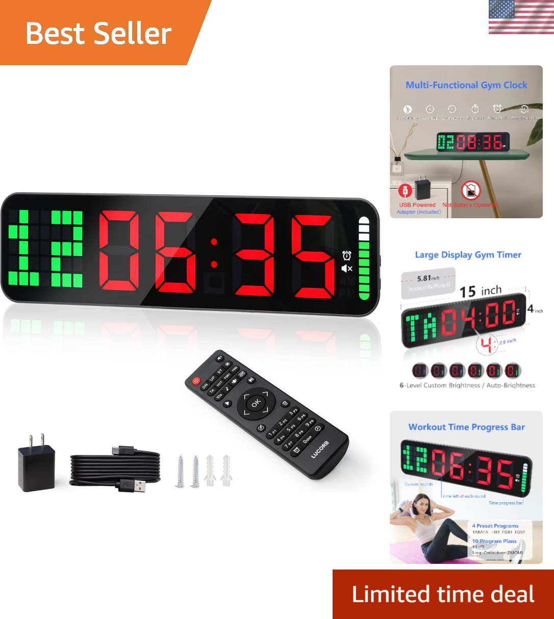Gym Timer - Large Digital Gym Clock Wall with Interval Time Progress Bar, Cou...