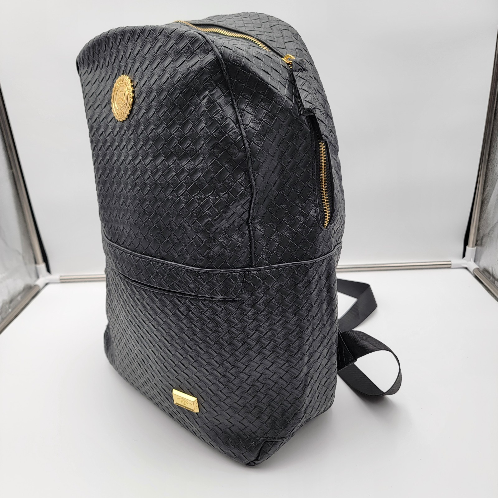 Capital Gains Black Woven Backpack + Strapback Hat Bundle NWT Gold Logo