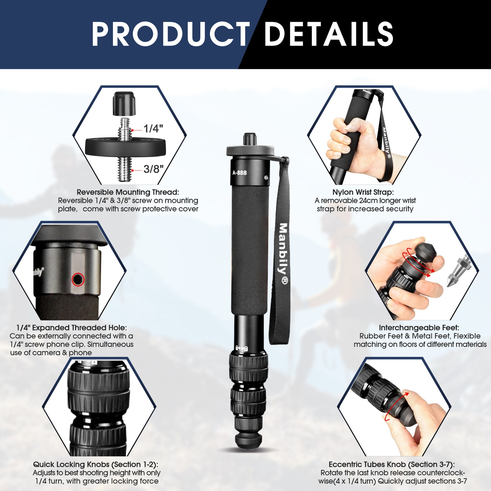 Manbily Monopod Portable Lightweight 7 Section Camera Stand Lightweight 61" US