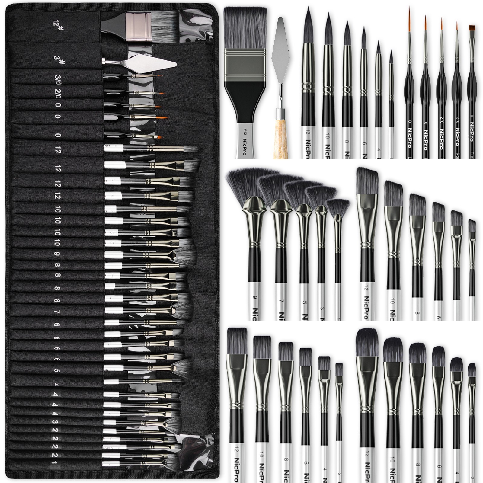Nicpro 36pcs Paint Brush Set with Palette Knife & Cloth Roll, Professional