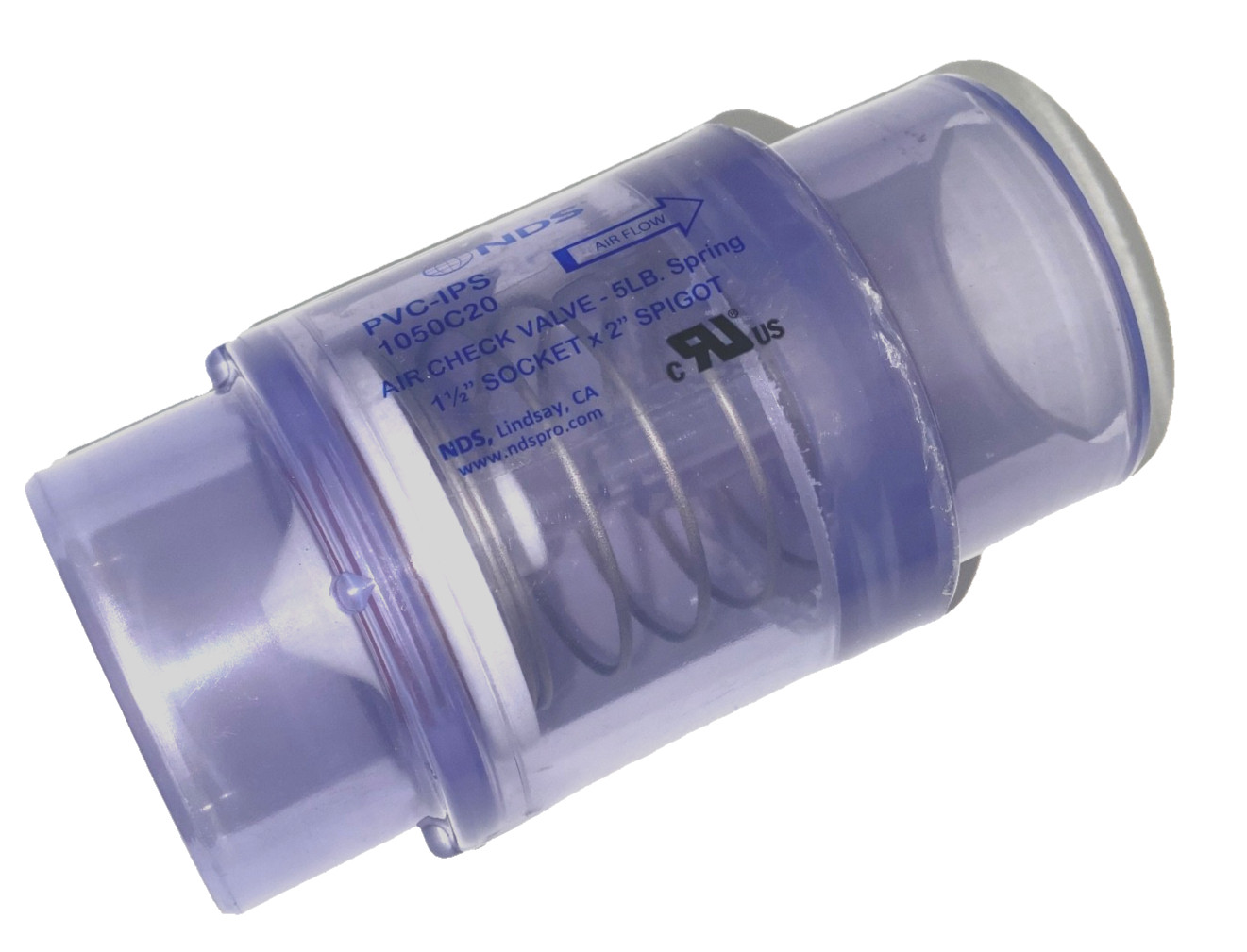 Spa Hot Tub Air Blower Clear Check Valve 1/4 LB. Spring fits 1.5-2" PVC Plumbing